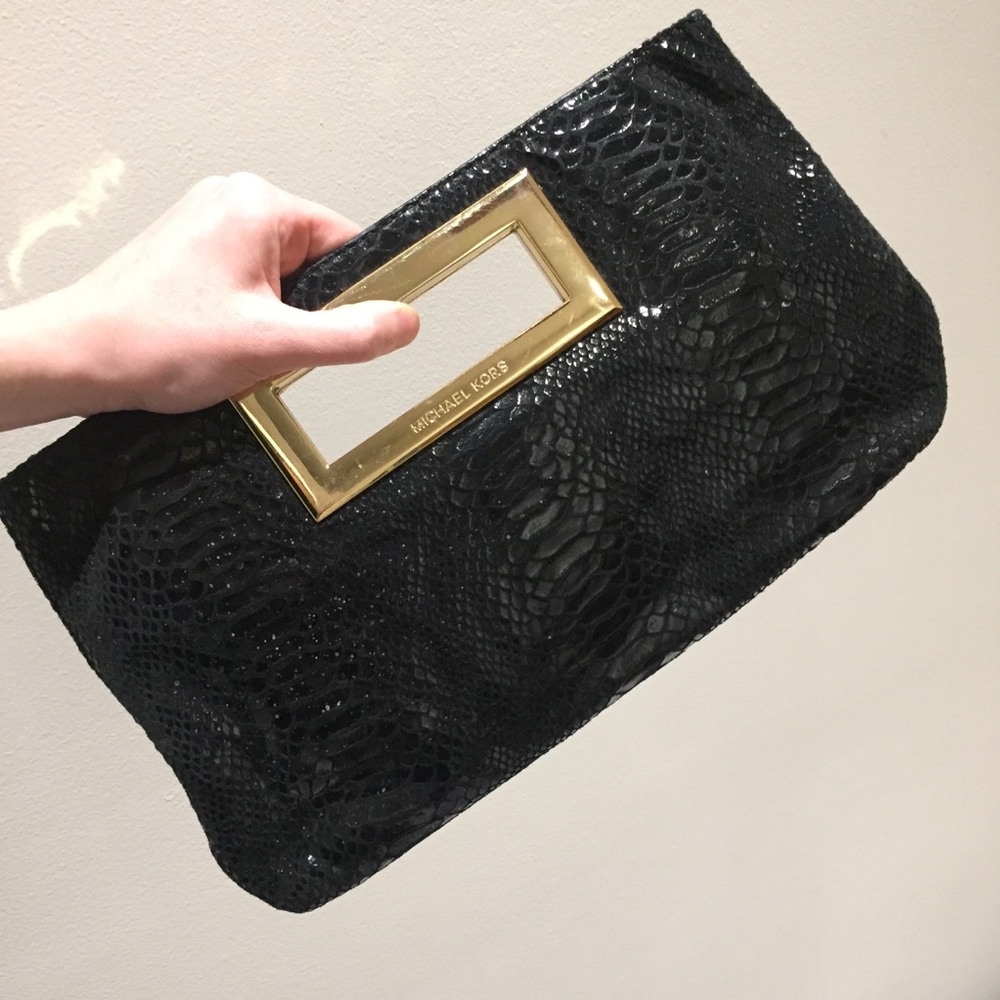 Michael Kors black snakeskin clutch gold hardware